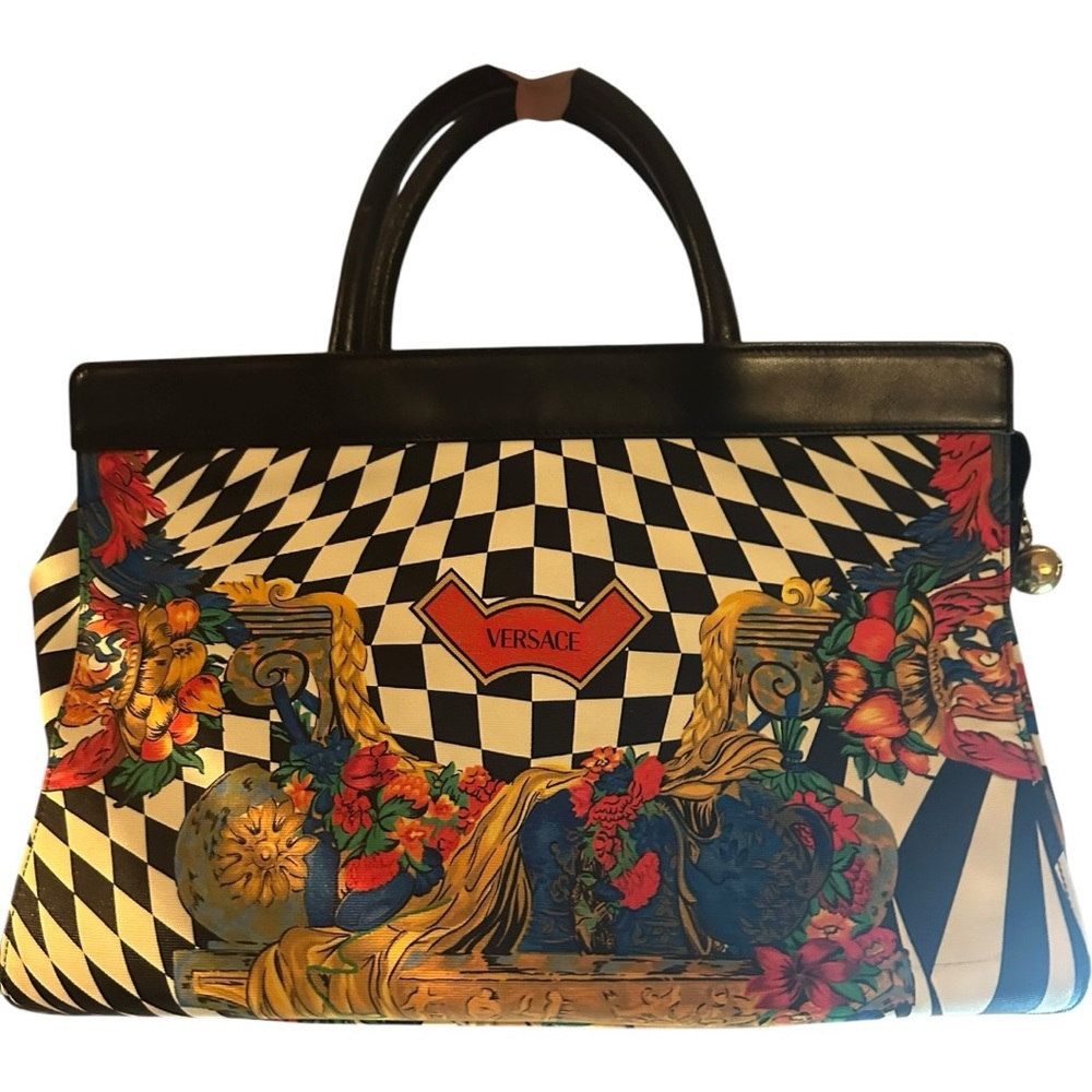 *Flaw* Gianni Versace Psychedelic floral Black checkered tote